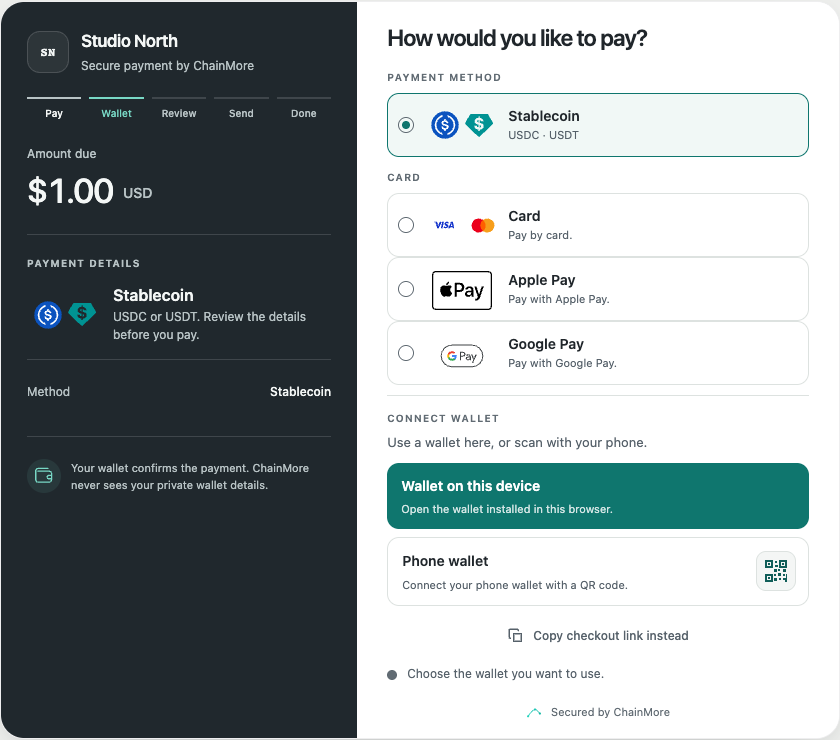 ChainMore checkout product preview: one Stablecoin entry with USDC and USDT, alongside Card, Apple Pay and Google Pay